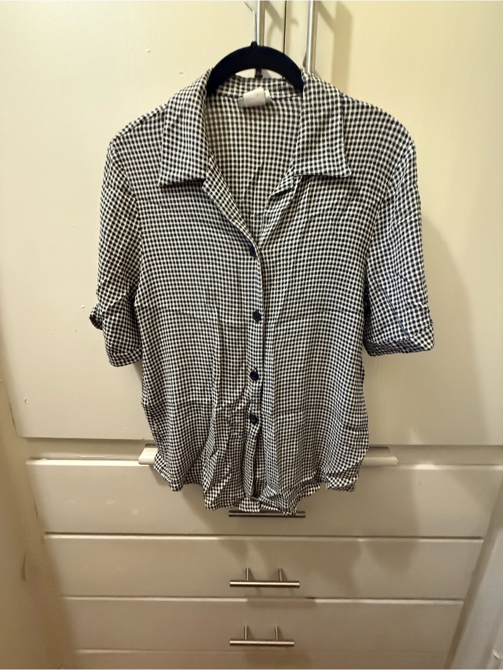 Classic Navy & White Gingham Button-Up Women's Top